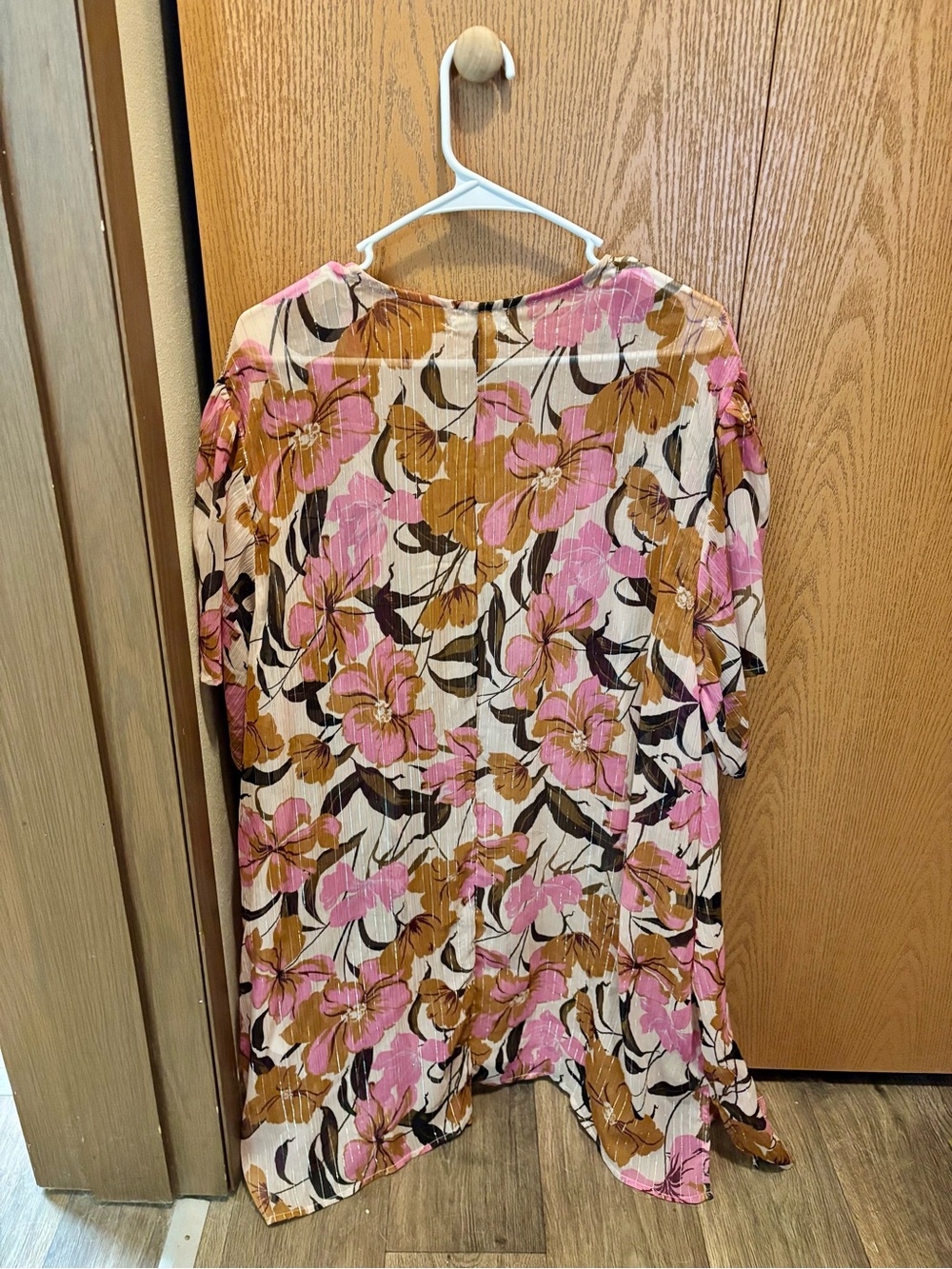Maurices Floral Open-Front Kimono Cardigan - Pink, Mustard & Black - Picture 2 of 4